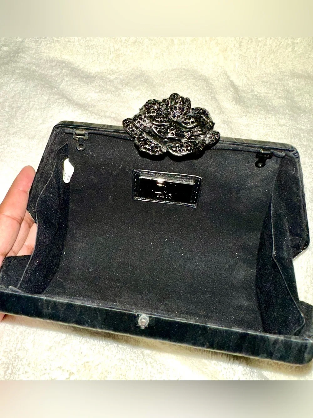 BC Bags Black Satin Rhinestone Rose Flower Clasp Hard Case
